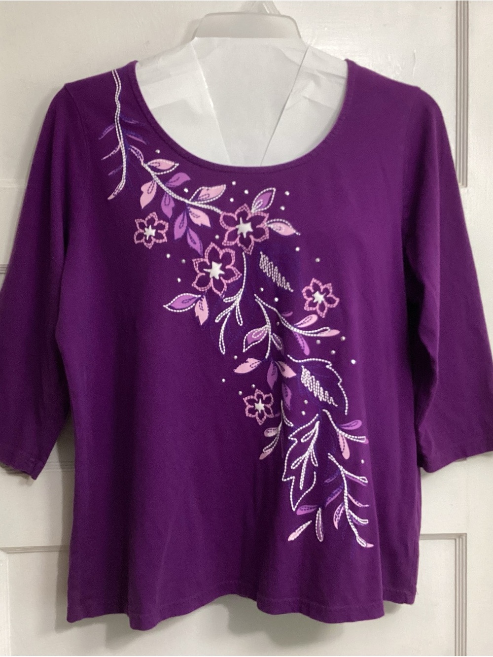 Basic Editions Purple Floral Scoop Neck Long Sleeve Top with Pink Accents